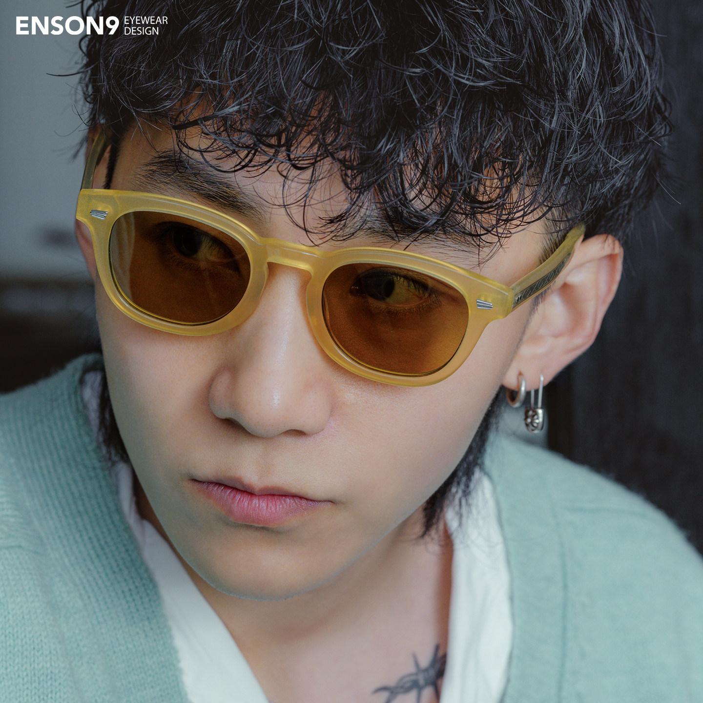 enson9复古浅黄色太阳镜潮男女 高级粗框板材cortis黑框遮阳墨镜