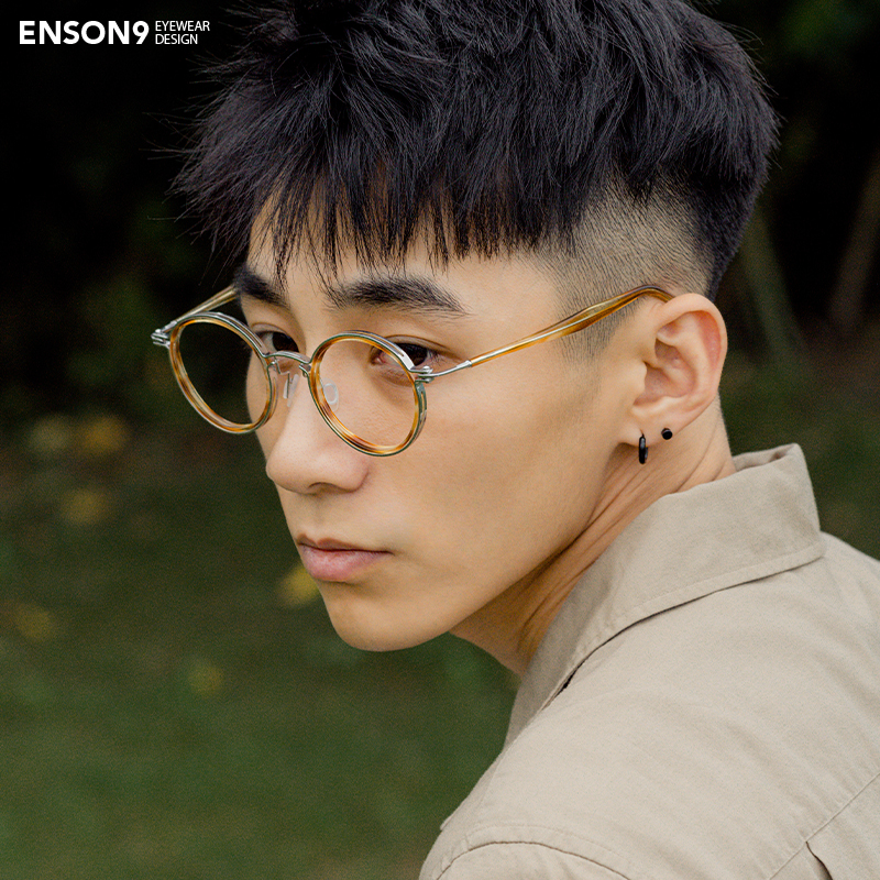 enson9日系复古板材纯钛圆框眼镜潮男 个性半透明可配近视平光镜