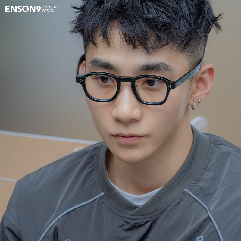enson9日系高级板材小方框潮男女 复古棕石纹宽边可配近视平光镜