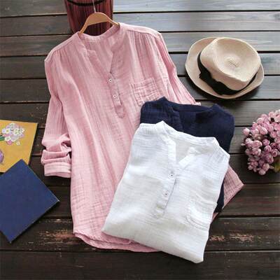 Women&#39;s solid V-neck long sleeved shirt 女士纯色V领