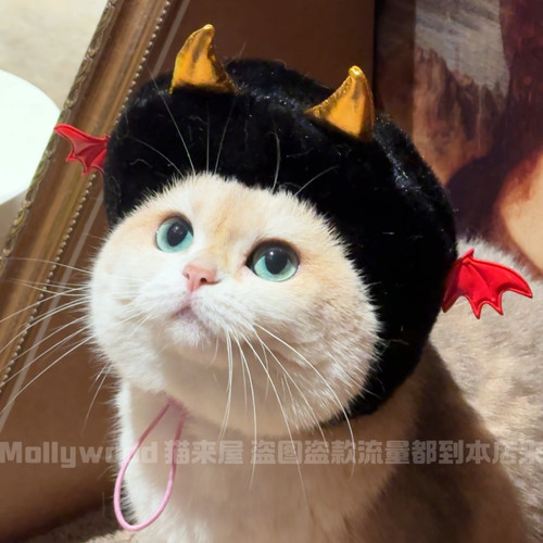 Mollywood猫来屋 万圣节邪恶金角小恶魔 猫咪帽子 宠物头套圣诞节