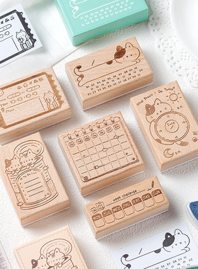 备忘猫匣木质手账印章复古猫咪日程计划榉木印章每日备忘录印章