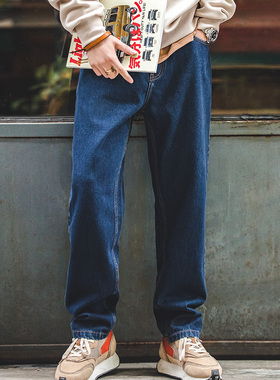 马登工装美式水洗丹宁软牛仔裤九分直筒深蓝宽松休闲长裤子男秋