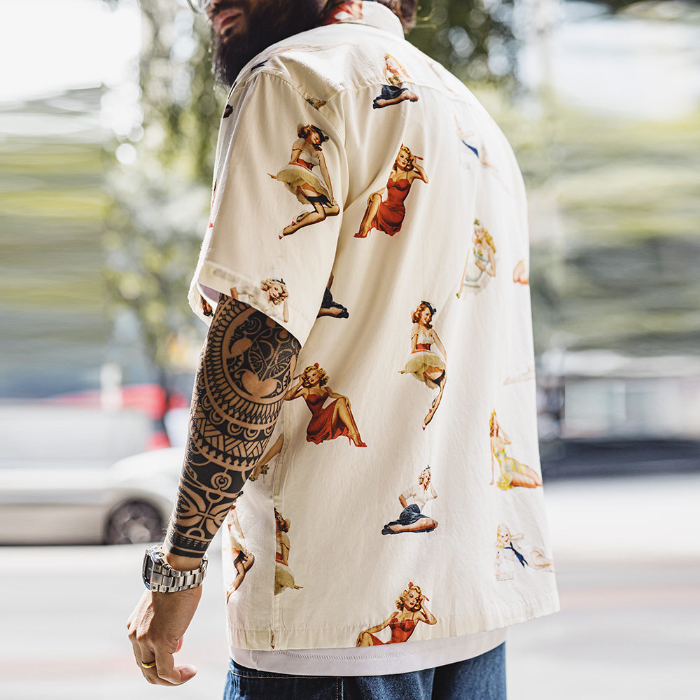 马登工装美式复古满印花古巴领衬衫夏威夷短袖沙滩衬衣外套男款夏