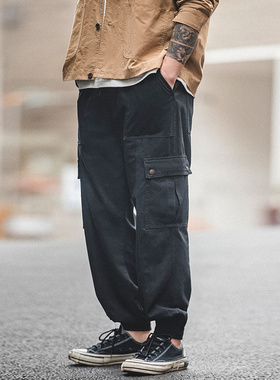 马登工装美式复古黑色机能束脚裤vibe直筒运动休闲九分灯笼裤男春