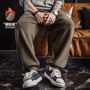加绒保暖棕色美拉德束脚休闲裤 复古摇粒绒卫裤 男秋冬 美式 马登工装