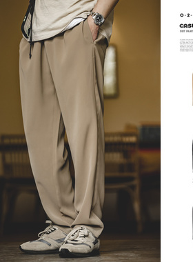 马登工装卡其垂感休闲裤老钱风西裤直筒宽松垂坠感薄款长裤男春夏