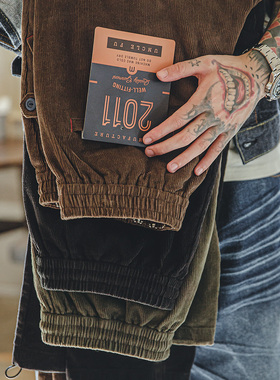 马登工装美式复古灯芯绒束脚长裤松紧腰条绒滑板直筒休闲裤子男秋