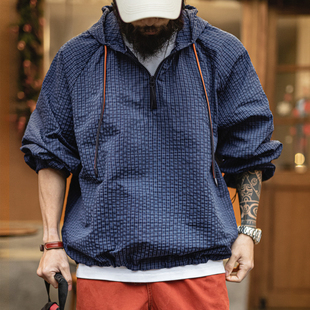 马登工装美式半拉链连帽卫衣肌理感泡泡纱蓝色户外薄款外套男春季