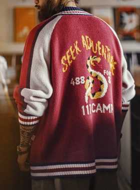 马登工装美式横须贺刺绣夹克日系红色棒球领毛织垂感开衫外套男春