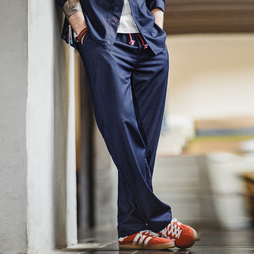 马登工装美式复古仿天丝牛仔裤皮特套装宽松垂感休闲直筒裤男春