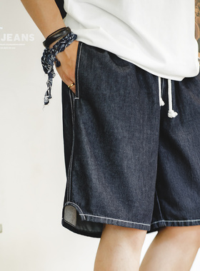 马登工装美式休闲冰皮牛仔短裤丹宁冰丝凉感宽松直筒五分裤男夏季