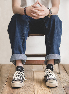 马登工装 复古港风阔腿裤深蓝色oversize宽松直筒牛仔长裤子男春