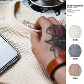 打底衫 复古重磅300g华夫格圆领T恤套头卫衣长袖 男春 美式 马登工装