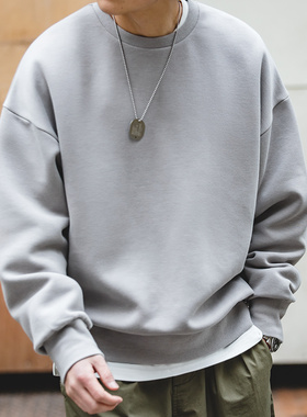 马登工装美式灰色太空棉卫衣无帽圆领空气层宽松打底长袖上衣男春