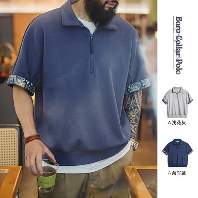 马登工装复古boro风半开襟polo