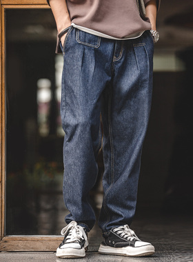 马登工装美式复古丹宁水洗牛仔裤直筒中腰锥形宽松哈伦长裤子男秋