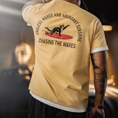 马登工装 夏 男款 美式 复古后背发泡印花T恤重磅姜黄色小众创意短袖