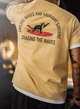 马登工装美式复古后背发泡印花T恤重磅姜黄色小众创意短袖男款夏