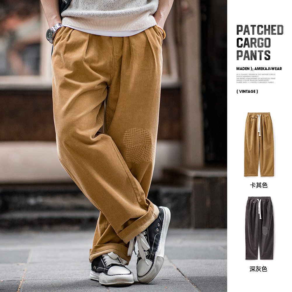 马登工装 美式复古灯芯绒补丁休闲裤vintage宽松阔腿直筒裤男春,男装,休闲裤,淘宝优惠券,粉丝福利购,淘宝优惠卷