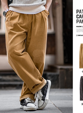 马登工装 美式复古灯芯绒补丁休闲裤vintage宽松阔腿直筒裤男春