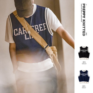 套头马甲男春 休闲圆领字母针织背心学院风街头无袖 马登工装 美式