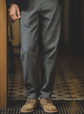 马登工装美式复古灰色条纹牛仔裤直筒修身阿美咔叽锥形长裤子男春