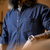 牛仔衬衫 复古单口袋工装 丹宁休闲长袖 修身 马登工装 衬衣男春季 美式