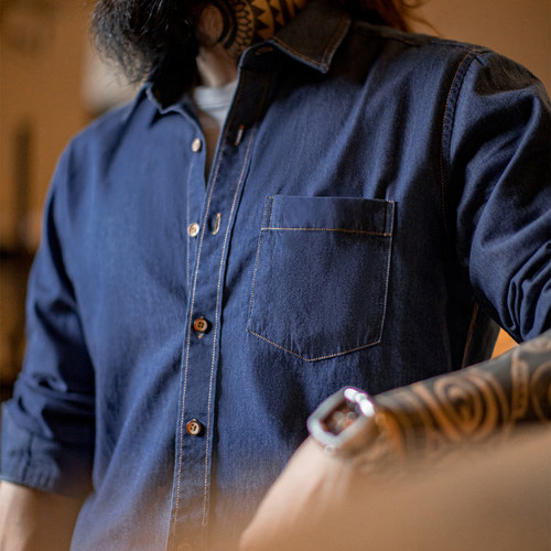 马登工装单口袋工装牛仔衬衫