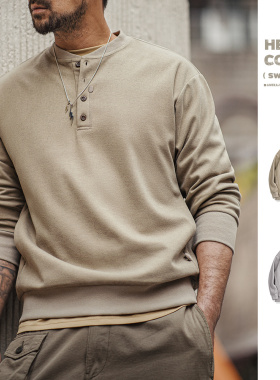 马登工装美式复古亨利领毛呢卫衣半开襟休闲运动长袖打底衫男春