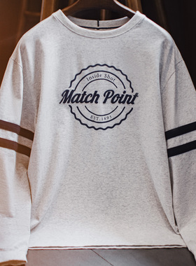 马登工装美式条纹刺绣圆领卫衣灰色薄款正肩无帽通勤长袖T恤男春