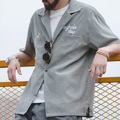 桃皮绒美式 马登工装 衬衫 复古短袖 宽松阿美咔叽衬衣古巴领男夏 法式