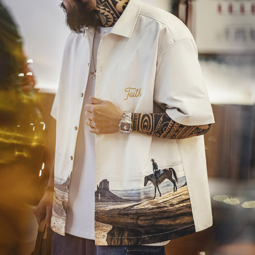 马登工装美式纪念碑谷古巴领衬衫