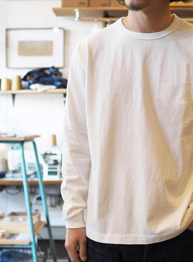 马登工装 美式宽松纯棉长袖T恤打底衫圆领重磅内搭叠穿白上衣男春