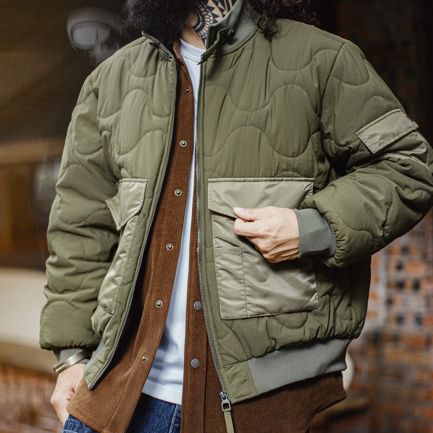 马登工装美式复古M51军绿色夹克大口袋短款立领保暖棉服外套男冬