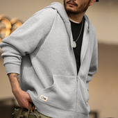 马登工装 男春 运动外套针织衫 美式 复古灰色连帽华夫格卫衣拉链开衫
