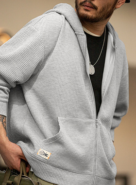 马登工装美式复古灰色连帽华夫格卫衣拉链开衫运动外套针织衫男秋