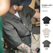 雅痞黑色老钱风纯棉衬衣男夏季 马登工装 衬衫 复古巴领宽松短袖 美式