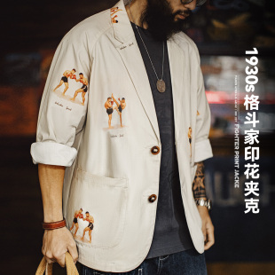 美式 男款 休闲平驳领西装 衬衫 春 印花外套白色西服纯棉长袖 马登工装