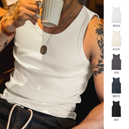 马登工装美式复古白螺纹跨栏背心