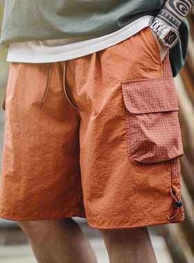 马登工装美式橘橙色山系大口袋短裤休闲宽松户外五分沙滩裤男夏季