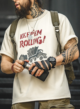 马登工装 美式复古涂鸦字母印花短袖T恤混纺圆领重磅小众Tee男夏