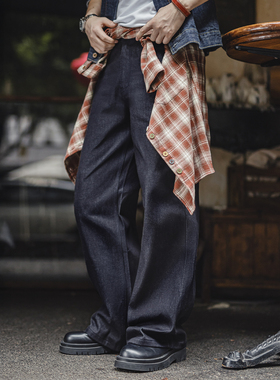 马登工装美式复古微喇阔腿直筒牛仔裤弯刀深蓝色a字赤耳原牛男冬