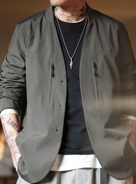 马登工装美式休闲无领灰色西装夹克机能西服通勤百搭单西外套男春