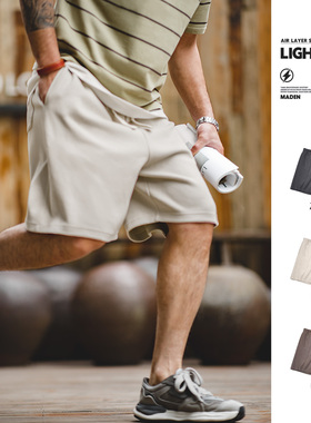 马登工装美式灰白色直筒重磅短裤外穿针织宽松运动五分中卫裤男夏