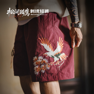 男夏季 马登工装 五分裤 宽松红色塔丝隆沙滩薄款 美式 横须贺刺绣短裤