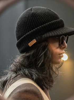 马登工装复古黑色针织毛线鸭舌帽包头护耳防寒保暖羊毛帽子男女冬