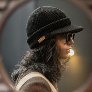 马登工装 复古黑色针织毛线鸭舌帽包头护耳防寒保暖羊毛帽子男女冬