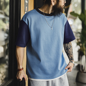 宽松空气层撞色短袖 复古拼色T恤螺纹领口落肩袖 男夏 美式 马登工装