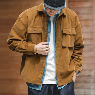 男秋 复古宽松夹克灯芯绒翻领古着痞帅外穿口袋薄衬衫 马登工装 美式